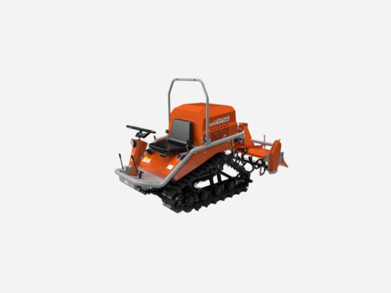 G25 self-propelled tracked rotary tiller with triangle crawler tracks working in a hilly orchard